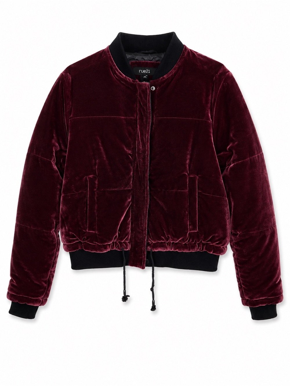 Rue21 Velvet Bomber Jacket in Deep Burgundy with Black Trim